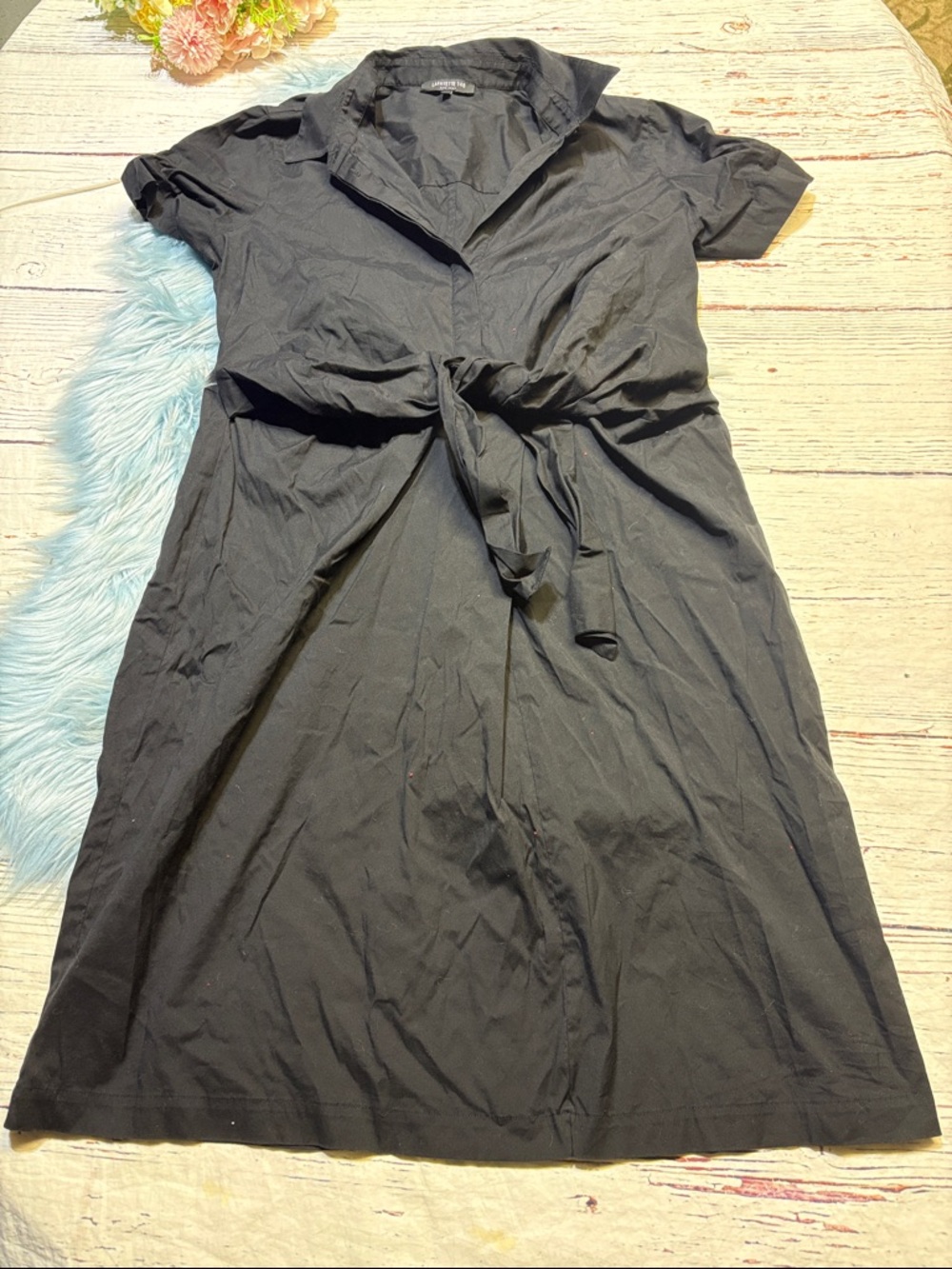 Lafayette 148 New York Black Tie-Waist Midi Shirt Dress sz 14